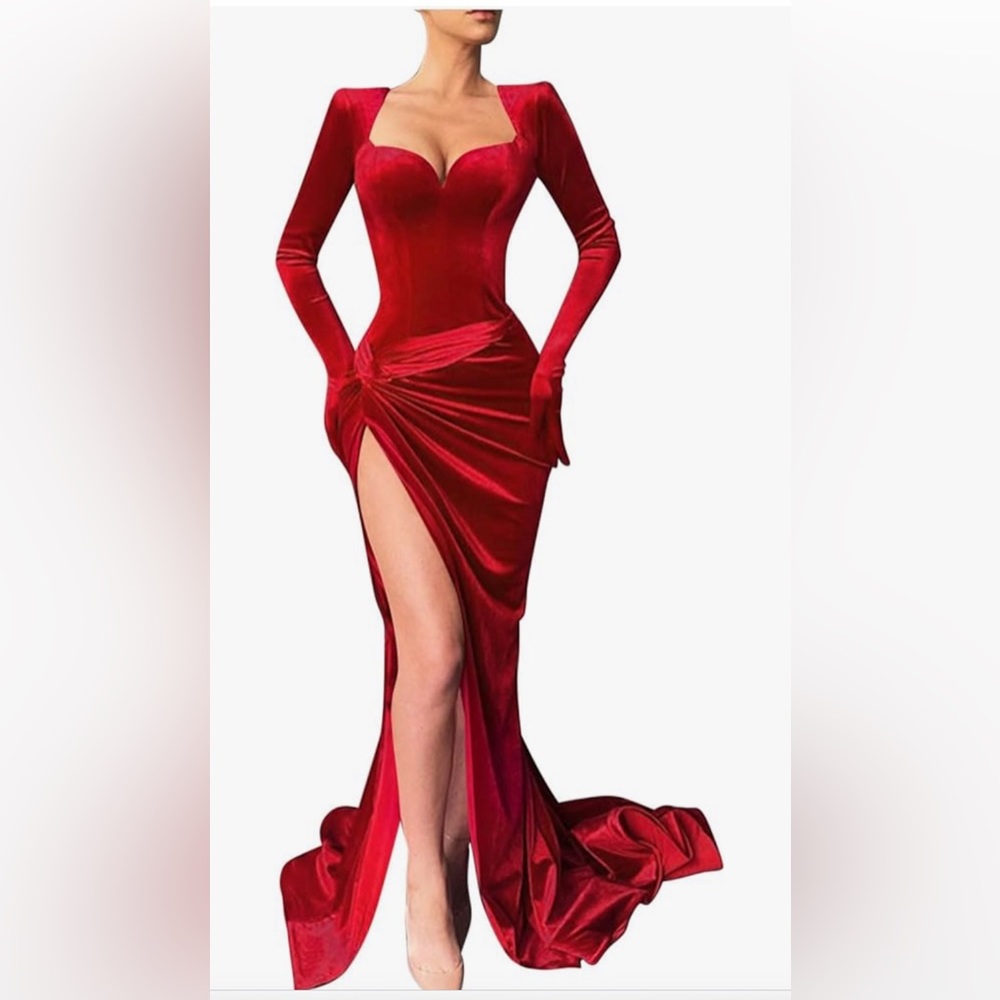 Red velvet velour sexy slit dress s/m w gloves flattering sexy fit evening gown